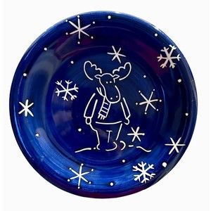 St. Nicholas Square Holiday Moose Blue Salad Dessert Plate Set 2000 Vtg Ceramic